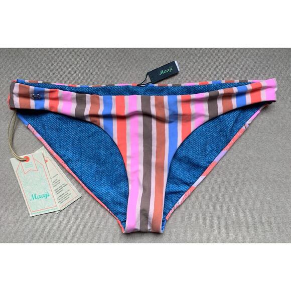 Maaji Swim Bikini Bottom Size MED Striped Blue Pink Brown Red Summer Reversible - Picture 1 of 7